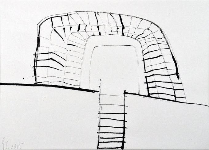 U.t., 2015, tegning, tusch på papir, indrammet 30 x 40 cm. Pris: 1.800 kr.
(Fra serien ”Netze und Fanganlagen, Fischereihafen in Gedser, DK”)

