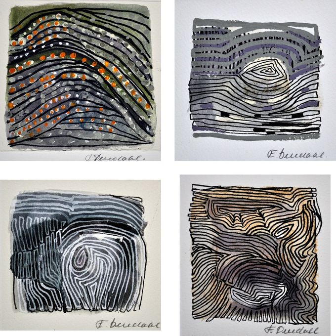 U.t., 2019, akryl og tusch på papir, uindr. (arkstørrelse): 10 x 10 cm. - 700 kr. pr. stk.