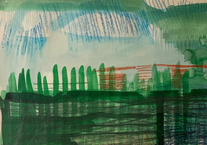 ”Wege”, 2020, blyant, tusch og oliekridt på papir, indrammet 53 x 73 cm - Pris: 4.500 kr.