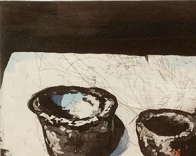 ”3 Pötte - oder - Besuch bei F.”, 2019, radering m. akvarelfarve, indr. 42,5 x 52,5 cm. - Pris: 2.300 kr. - SOLGT